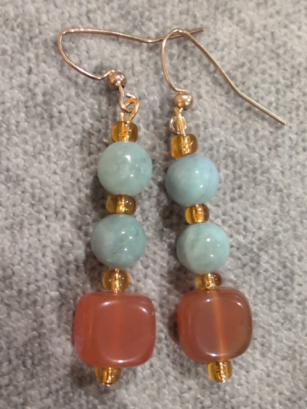 NWOT Handmade Gold-Tone Drop Earrings with Aqua Blue/Green and Amber Beads